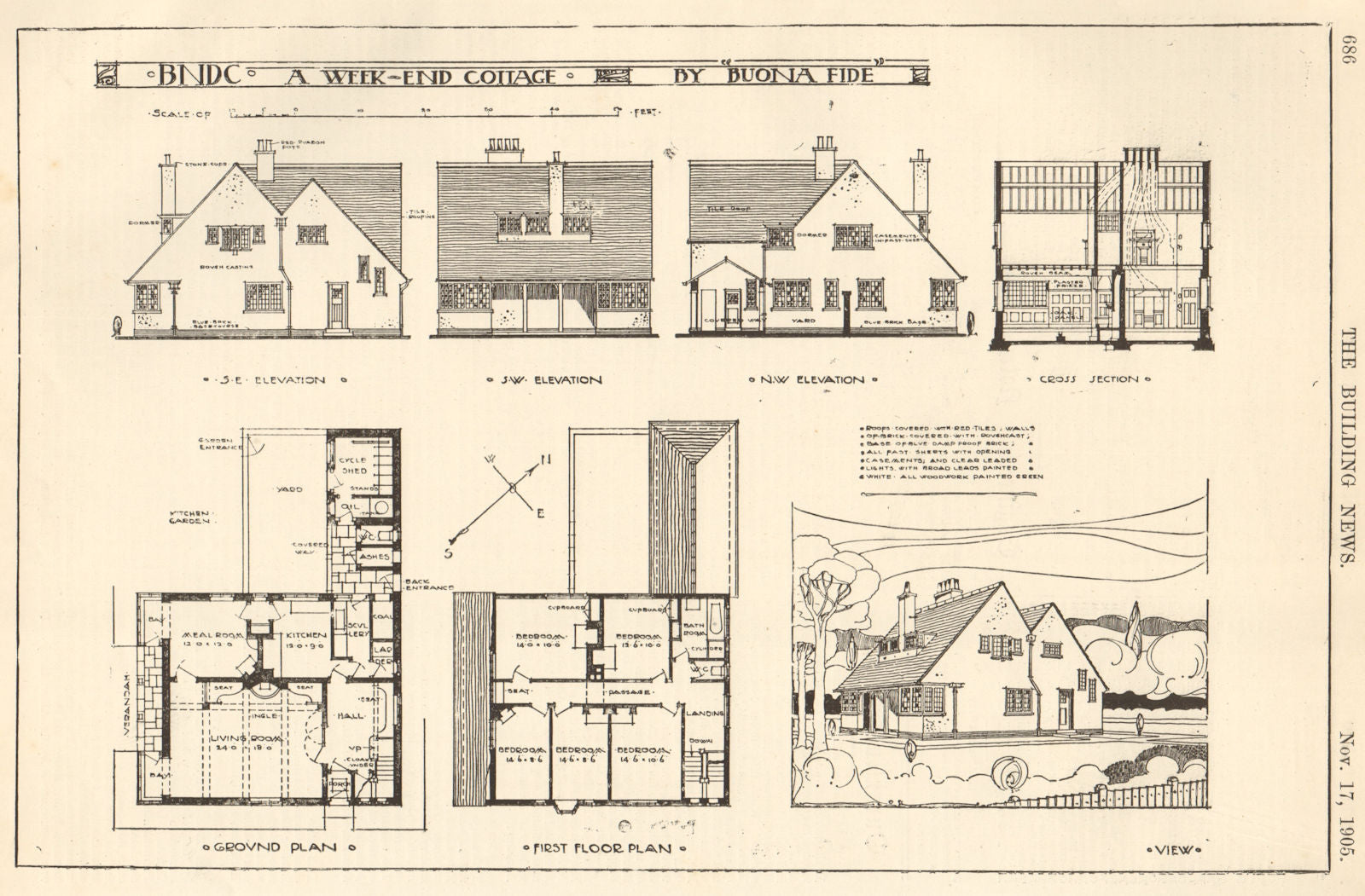 A weekend cottage by ''Buona Fide''. View, elevations & plans 1905 old print